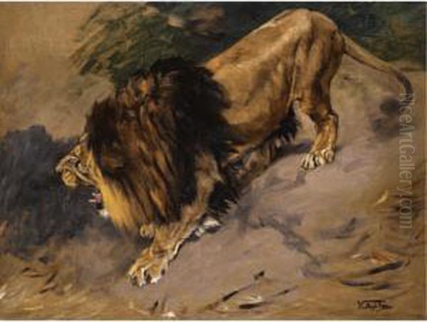 A Roaring Lion Oil Painting by Geza Vastagh