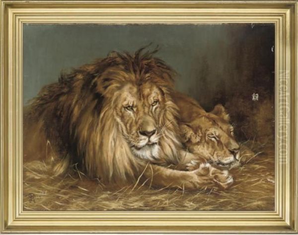 A Lion And A Lioness Oil Painting by Geza Vastagh