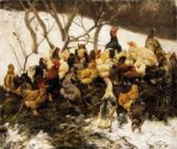 Poultry Yard In Winter Oil Painting by Geza Vastagh