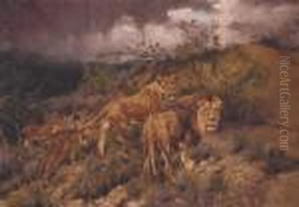 Family Of Lions Oil Painting by Geza Vastagh