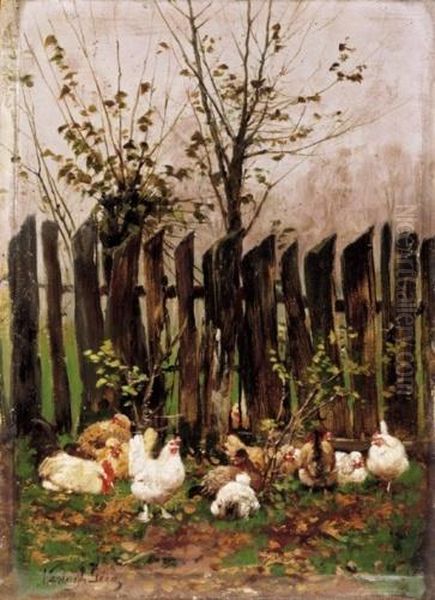 Poultry Yard Oil Painting by Geza Vastagh