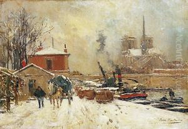 Paris, Les Quais Sous La Neige Oil Painting by Pierre Vauthier