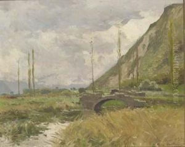 A River Landscape With A Stone Bridge And Hills Beyond Oil Painting by Pierre Vauthier