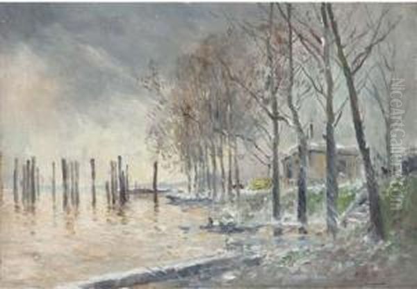 Barges A Charleroi; And Un Estuaire Oil Painting by Pierre Vauthier