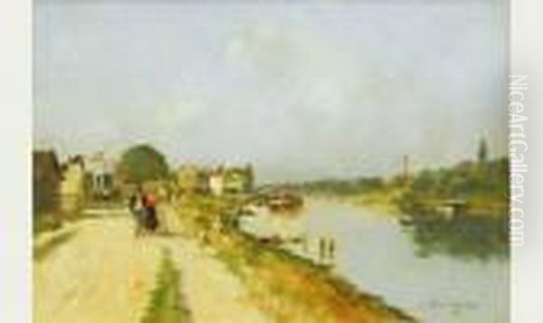 Promeneurs Au Bord De L'eau Oil Painting by Pierre Vauthier