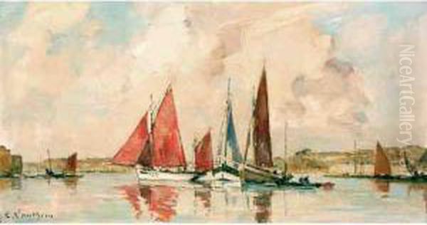 Thonier Dans L'arriere Port Deconcarneau Oil Painting by Ernest Vauthrin