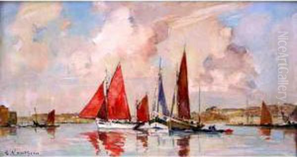 Thonier Dans L'arriere Port De Concarneau Oil Painting by Ernest Vauthrin