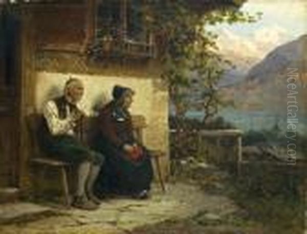 Feierabend. Altes Bauernpaar Vor Seinem Haus Sitzend Oil Painting by Benjamin I Vautier