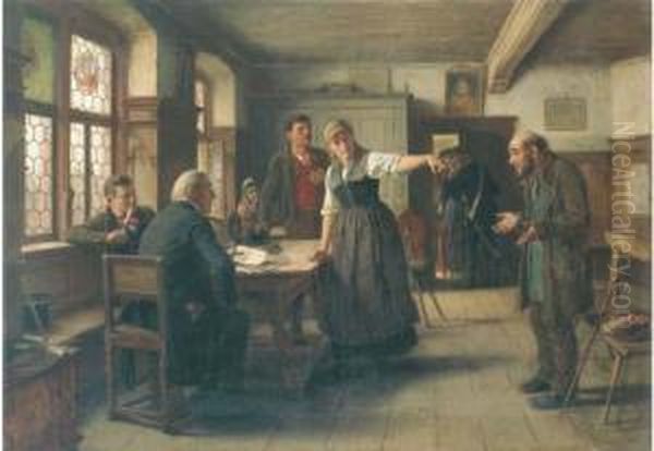 Beim Dorfschulzen Oil Painting by Benjamin I Vautier