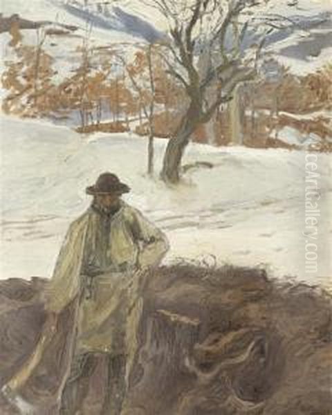 Lumberjack In A Landscape In Winter Oil Painting by Otto Vautier