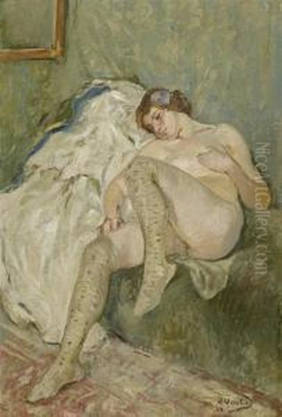 Reclining Female Nude Oil Painting by Otto Vautier