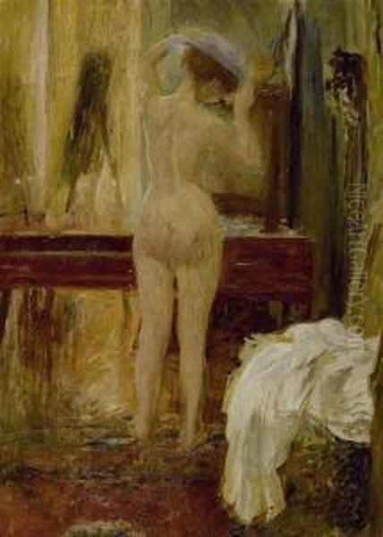 Female Nude Wearing A Hat. Oil Painting by Otto Vautier