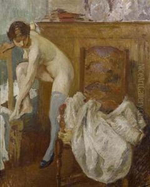 Female Nude In Her Bedroom. Oil Painting by Otto Vautier