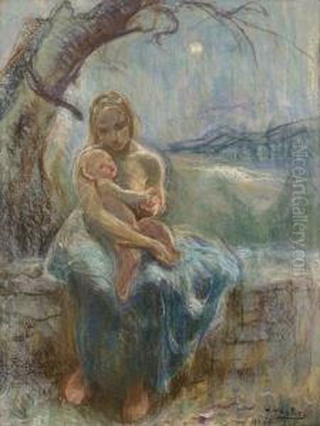 Nachtliche Stimmung Mit Mutter Und Kind. Oil Painting by Otto Vautier