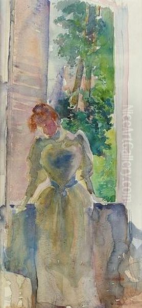 Jeune Femme Au Balcon. Oil Painting by Otto Vautier