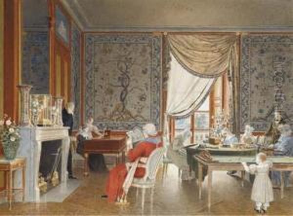 Vue De L'interieur Du Salon Au Chateau De Roucy Oil Painting by Jean Lubin Vauzelle