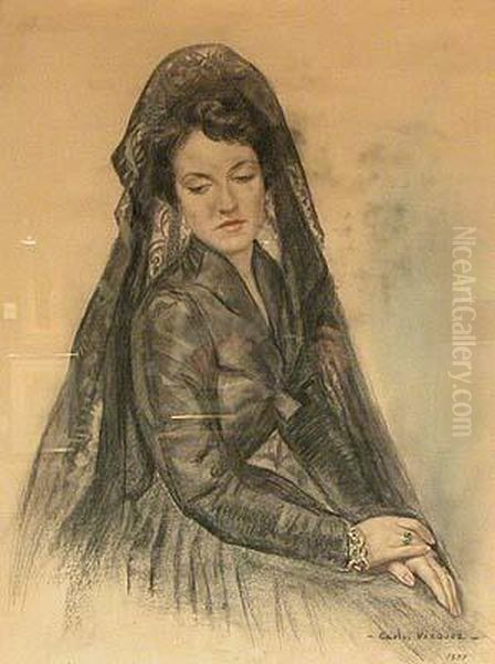 Dama De Negro Con Mantilla.
 Carboncillo Y Lapiz De Color So- Oil Painting by Carlos Vazquez Ubeda