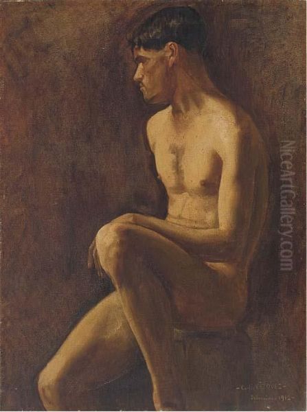 Seated Male Nude Oil Painting by Carlos Vazquez Ubeda