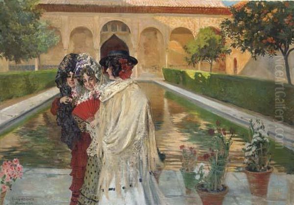 Tres Mujeres En El Alhambra Al Atardecer Oil Painting by Carlos Vazquez Ubeda