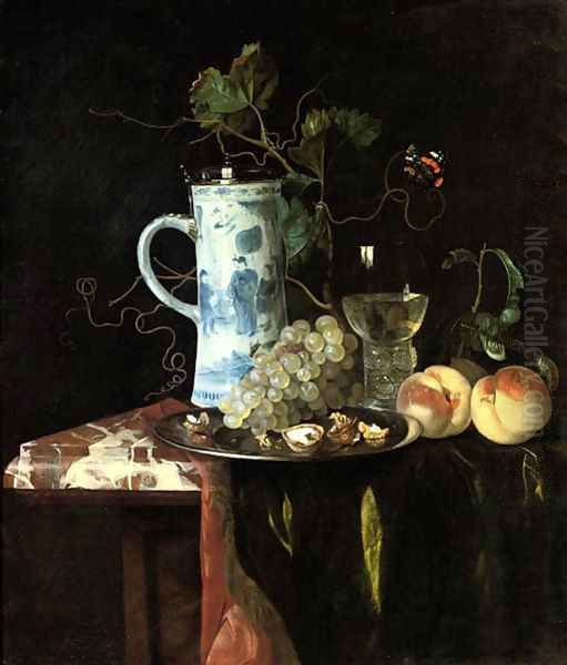 A Chinese transitional blue and white silver-mounted tankard, grapes and walnuts on a silver plate, a 'roemer' with white wine and two peaches on a pa Oil Painting by Hendrik de Fromantiou