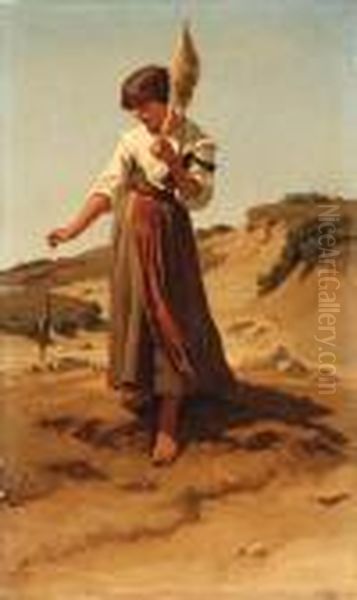 Peasant Girl Spinning Oil Painting by Elihu Vedder