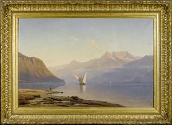 View Of The Lake Of Geneva And Of The Dents-du-midi Mountain Oil Painting by Auguste Louis Veillon