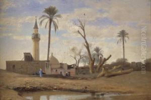 Mosquee Et Palmiers Pres Du Nil Oil Painting by Auguste Louis Veillon