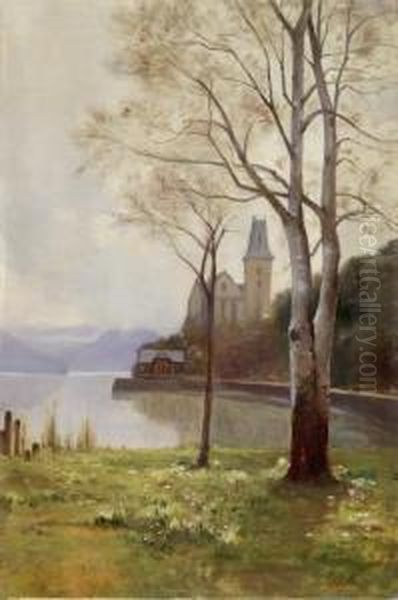 Seeufer Mit Schlosschen Auf Einer Halbinsel Im Herbst Oil Painting by Auguste Louis Veillon