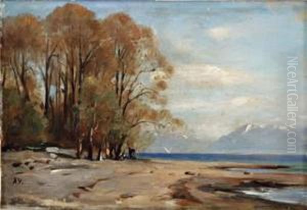 Bord De Lac Un Jour De Bise Oil Painting by Auguste Louis Veillon