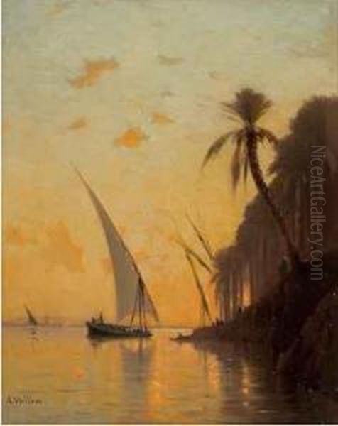 Dau Am Ufer Des Nils Bei Sonnenuntergang Oil Painting by Auguste Louis Veillon