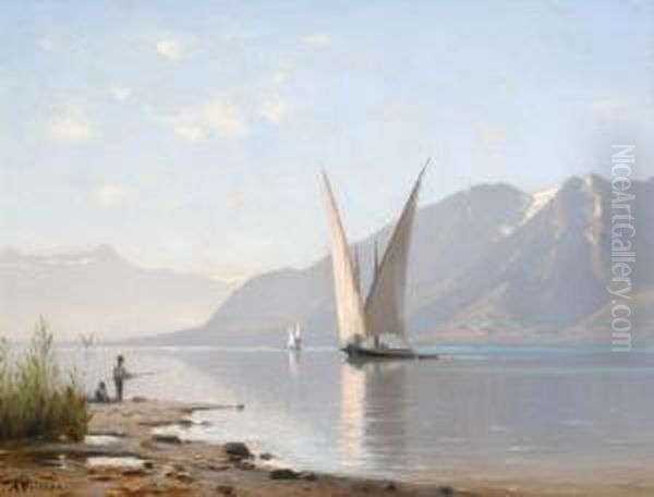 Sailboats On A Swiss Lake Oil Painting by Auguste Louis Veillon