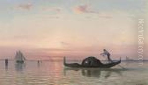 Sunset On The Lagoon Oil Painting by Auguste Louis Veillon