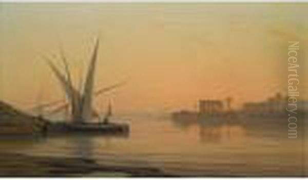 Dhows On The Nile Oil Painting by Auguste Louis Veillon