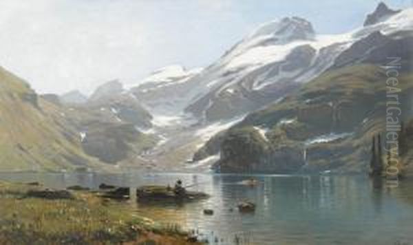 Ansicht Des Engstlensee Mit Titlis Oil Painting by Auguste Louis Veillon