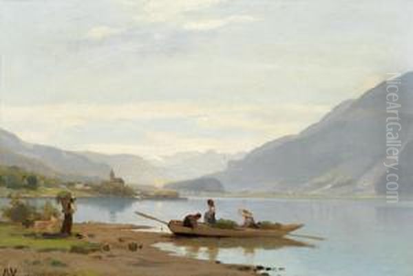 Uferpartie Am Brienzersee Mit Figurenstaffage. Oil Painting by Auguste Louis Veillon