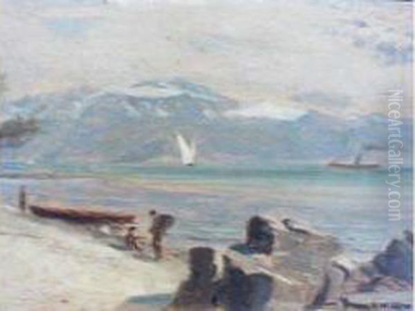 Barque Et Bateau A Vapeur Sur Le Leman Oil Painting by Auguste Louis Veillon