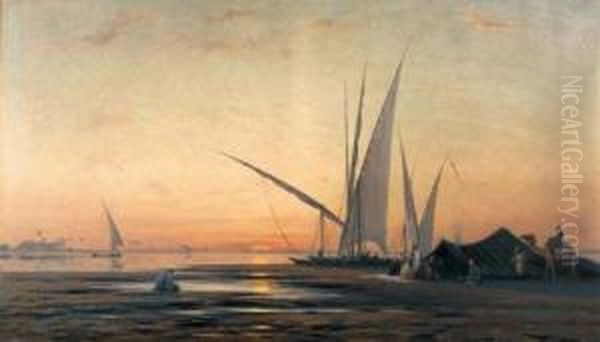 Segelschiffe Auf Dem Nil. Oil Painting by Auguste Louis Veillon