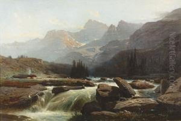 Gebirgslandschaft Mit Alp. Oil Painting by Auguste Louis Veillon