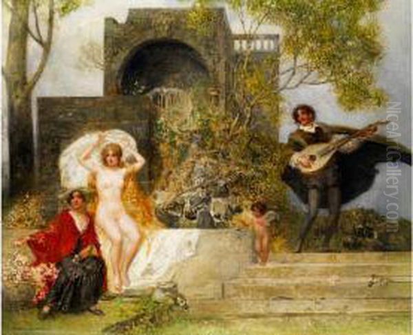 Lautenspieler Vor Nackter Schonheit Mitihrer Begleiterin An Einem Kaskadenbrunnen Oil Painting by Eduard Veith