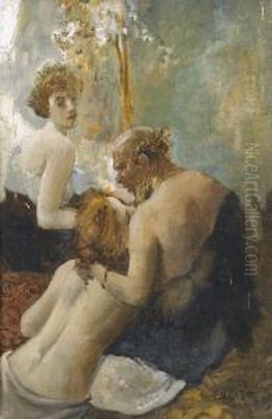 Satyr Mit Zwei Jungen Gespielinnen Oil Painting by Eduard Veith