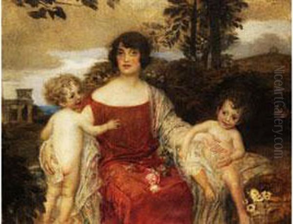 Junge Frau Mit Zwei Kindern
 In Sudlicher Landschaft Oil Painting by Eduard Veith