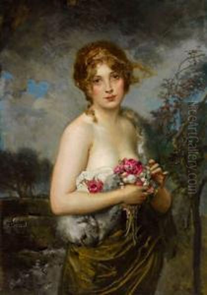 Madchen Mit Blumen Im Arm Oil Painting by Eduard Veith