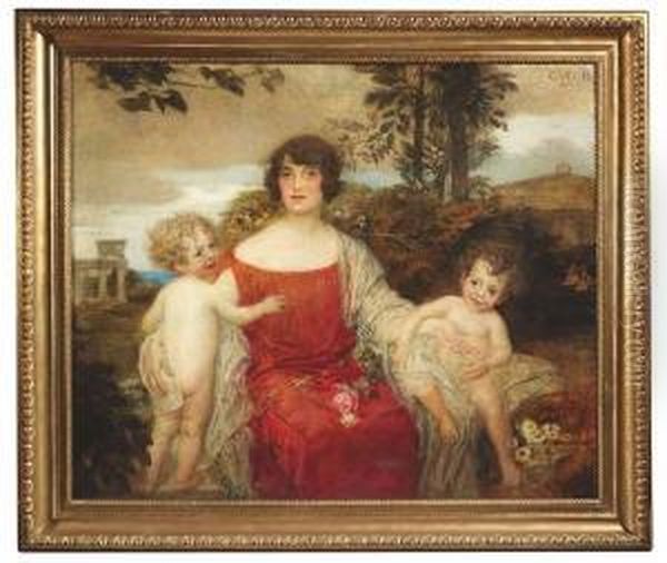 Veith, Eduard. An Elegant Lady With Her Two Children In Front Of A Landscape Oil Painting by Eduard Veith