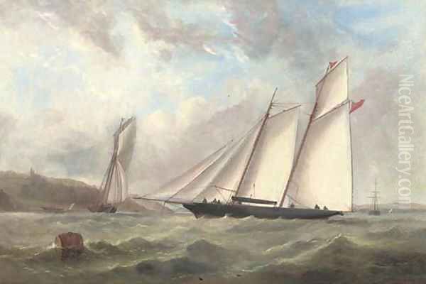 Racing schooners on opposite tacks and vying for position at the start in Osborne Bay Oil Painting by Capt. John Haughton Forrest