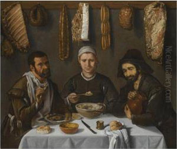 An Interior With Three Figures 
Eating At A Table, A Row Of Meats Hung From A Rail On The Back Wall Oil Painting by Diego Rodriguez de Silva y Velazquez