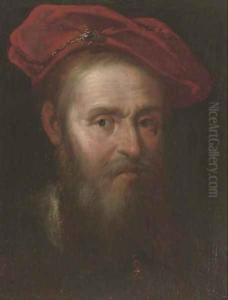 Portrait of a man, bust-length, in a cap Oil Painting by Govert Teunisz. Flinck