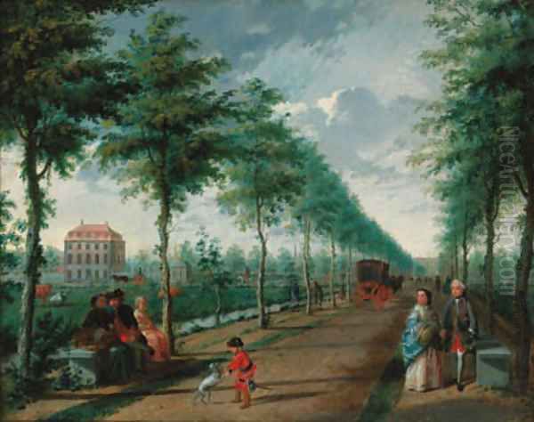 A view of The Hague with elegant figures walking in an avenue by Paulus Constantin La Fargue