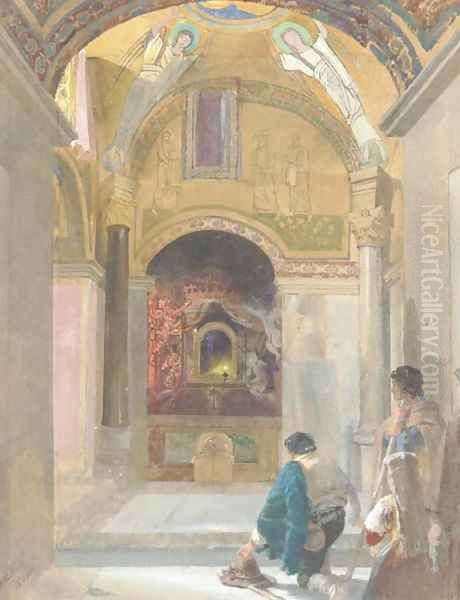 Chapel interior with figures Oil Painting by Alfred Downing Fripp