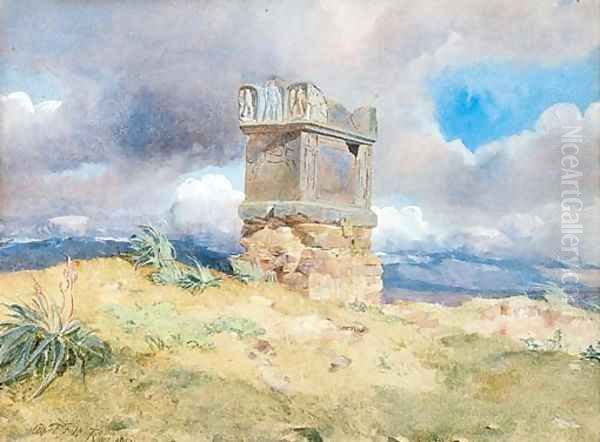 A ruinous tomb in an extensive landscape by Alfred Downing Fripp