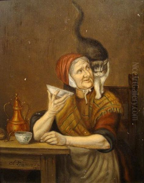 An Old Woman Seated At A Table Offering A Bowl To A Cat Perched Onher Shoulder Oil Painting by Camille Vennemann